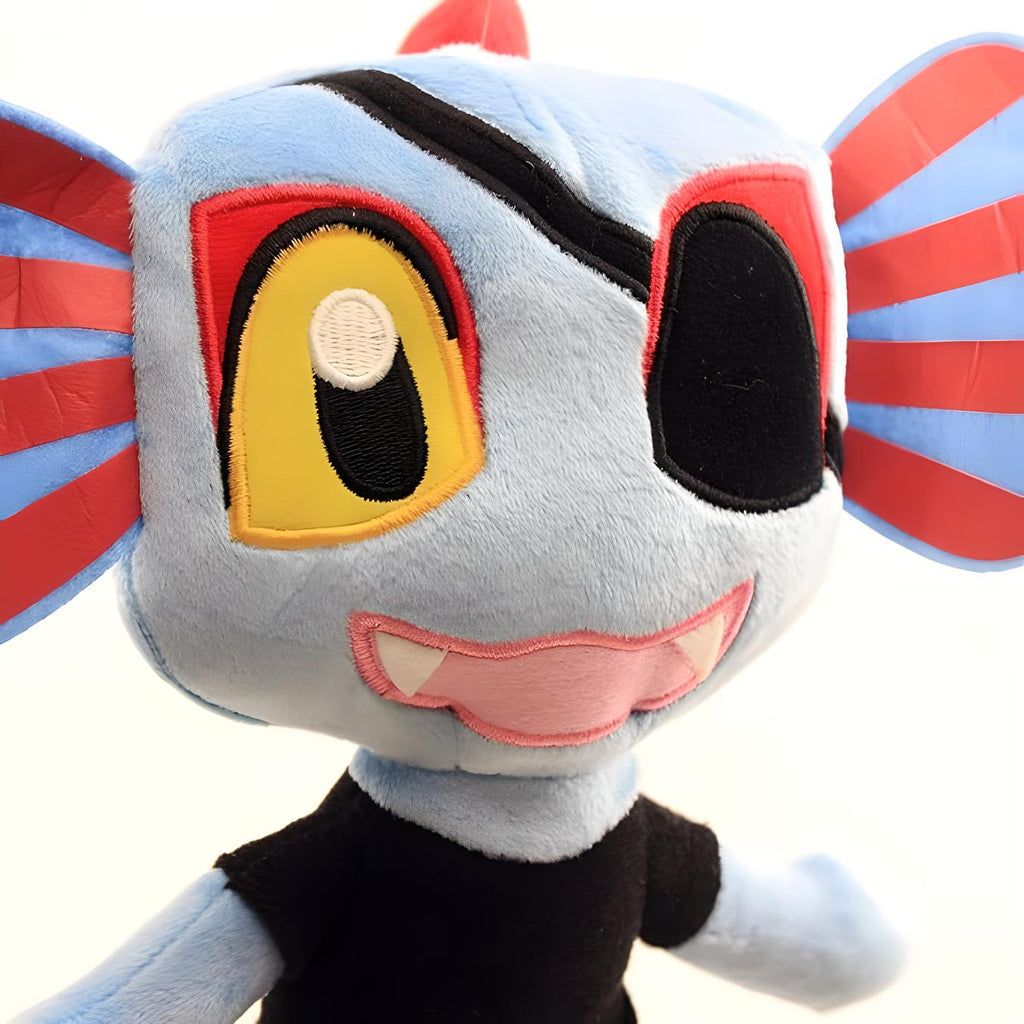 Close-up of Undyne Plush Toy face, highlighting the eye patch and soft stuffed texture.
