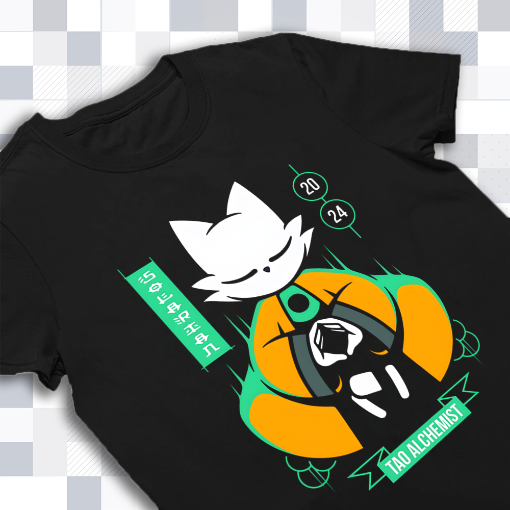 Close-up of the detailed print on the Nine Sols character shirt
